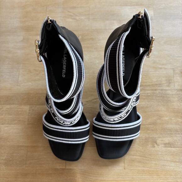Karl Lagerfeld Paris Black Logo Strap Stiletto Heels 8M Elastic Designer Sandals - Picture 5 of 10